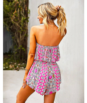 Flowy Pantsuit Off Shoulder Ruffle Rompers Tropical Elastic Waist Shorts Beach Jumpsuit Sleeveless D391 - Lusy Store