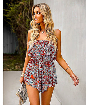 Flowy Pantsuit Off Shoulder Ruffle Rompers Tropical Elastic Waist Shorts Beach Jumpsuit Sleeveless D391 - Lusy Store