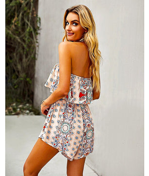 Flowy Pantsuit Off Shoulder Ruffle Rompers Tropical Elastic Waist Shorts Beach Jumpsuit Sleeveless D391 - Lusy Store