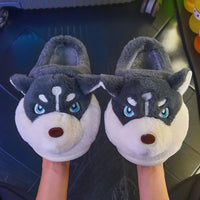 Fluffy Dog Slippers Home Couple Shoes Womens Girls Animal Fur Slides Kawaii Funny Furry Shoes Gray A-slides