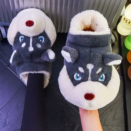 Fluffy Dog Slippers Home Couple Shoes Womens Girls Animal Fur Slides Kawaii Funny Furry Shoes Gray B-loafer