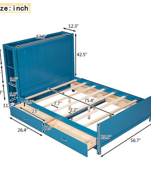 Full Bed Blue Platform Bed with Drawers and Storage Shelves F400 - Lusy Store