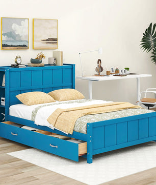 Full Bed Blue Platform Bed with Drawers and Storage Shelves F400 - Lusy Store