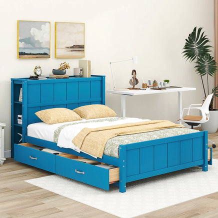 Full Bed Blue Platform Bed with Drawers and Storage Shelves F400 - Lusy Store