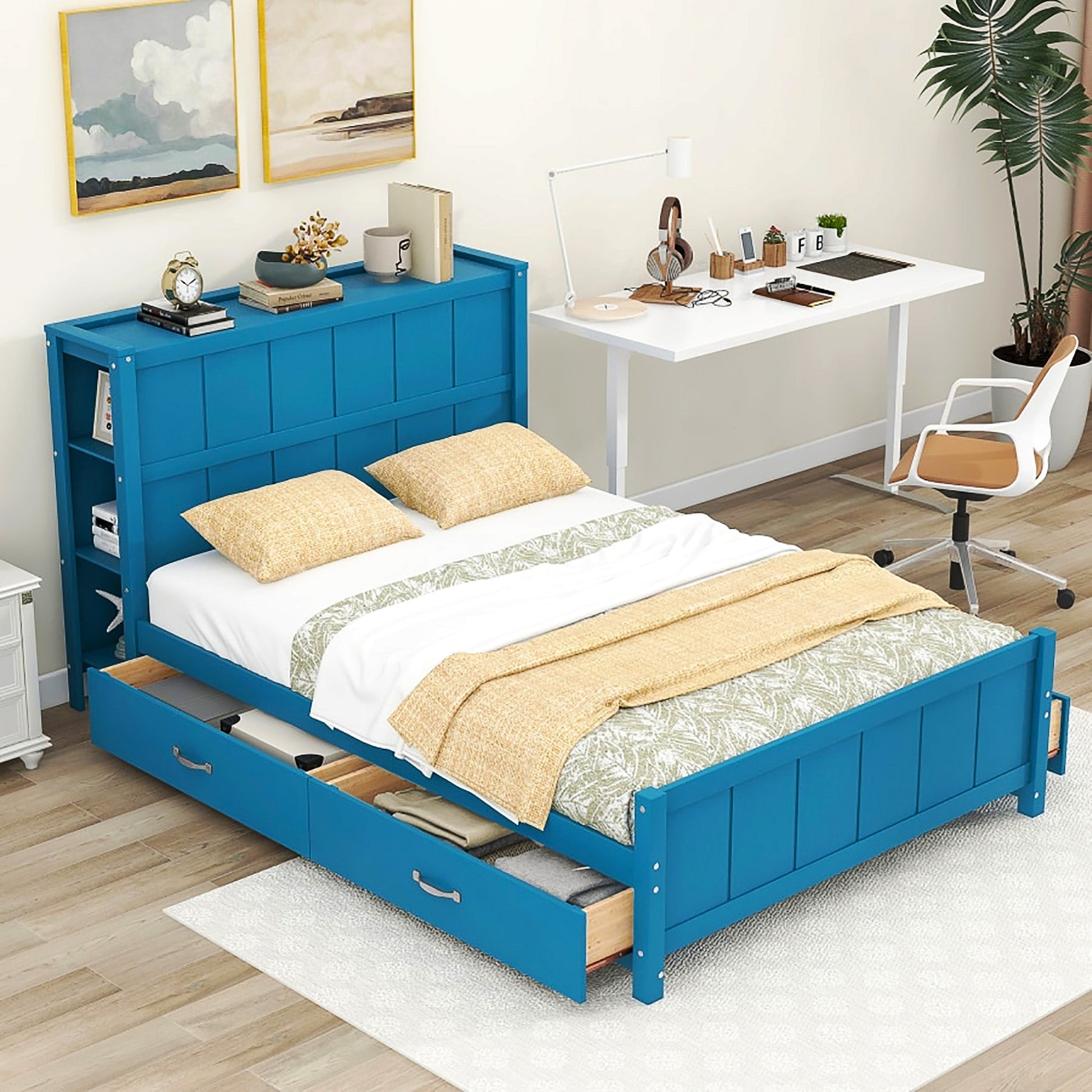 Full Bed Blue Platform Bed with Drawers and Storage Shelves F400 - Lusy Store