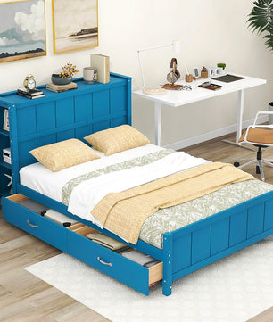 Full Bed Blue Platform Bed with Drawers and Storage Shelves F400 - Lusy Store