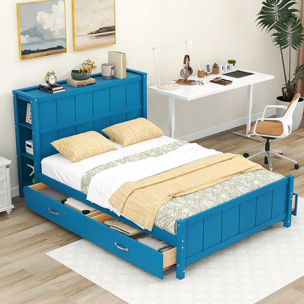 Full Bed Blue Platform Bed with Drawers and Storage Shelves F400 - Lusy Store