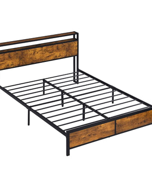 Full Bed Frame With LED Lights And 2 USB Ports Bed Frame With Storage Noise Free Rustic Brown F396 - Lusy Store