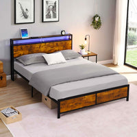 Full Bed Frame With LED Lights And 2 USB Ports Bed Frame With Storage Noise Free Rustic Brown F396 - Lusy Store