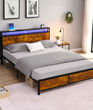 Full Bed Frame With LED Lights And 2 USB Ports Bed Frame With Storage Noise Free Rustic Brown F396 - Lusy Store
