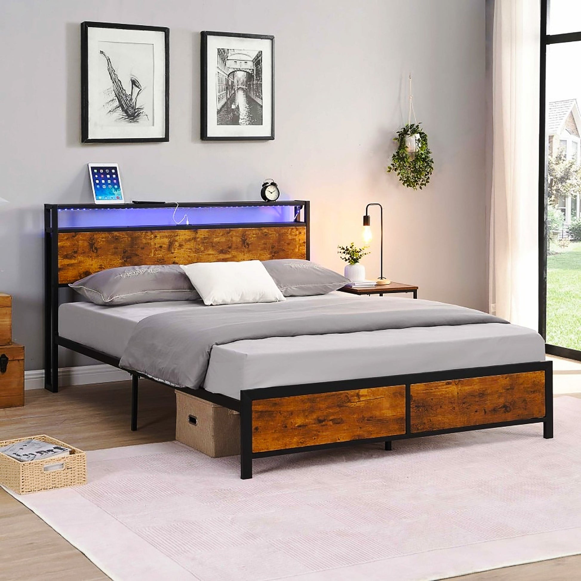 Full Bed Frame With LED Lights And 2 USB Ports Bed Frame With Storage Noise Free Rustic Brown F396 - Lusy Store