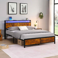 Full Bed Frame With LED Lights And 2 USB Ports Bed Frame With Storage Noise Free Rustic Brown F396 - Lusy Store