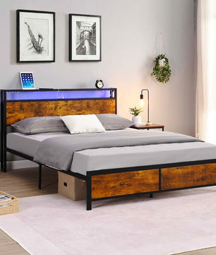Full Bed Frame With LED Lights And 2 USB Ports Bed Frame With Storage Noise Free Rustic Brown F396 - Lusy Store