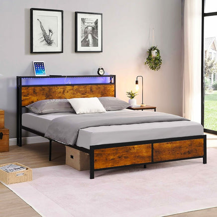 Full Bed Frame With LED Lights And 2 USB Ports Bed Frame With Storage Noise Free Rustic Brown F396 - Lusy Store