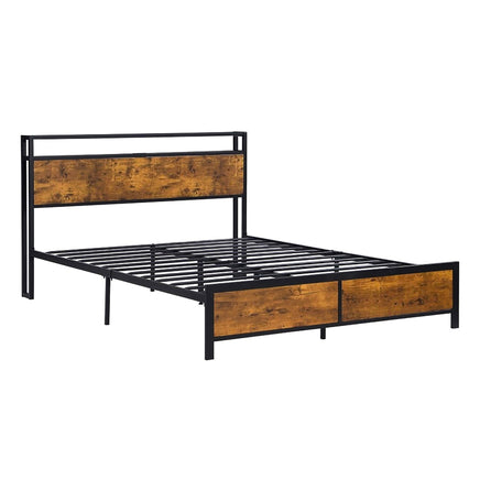 Full Bed Frame With LED Lights And 2 USB Ports Bed Frame With Storage Noise Free Rustic Brown F396 - Lusy Store