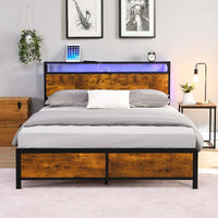 Full Bed Frame With LED Lights And 2 USB Ports Bed Frame With Storage Noise Free Rustic Brown F396 - Lusy Store