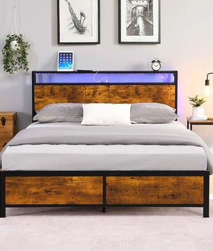 Full Bed Frame With LED Lights And 2 USB Ports Bed Frame With Storage Noise Free Rustic Brown F396 - Lusy Store