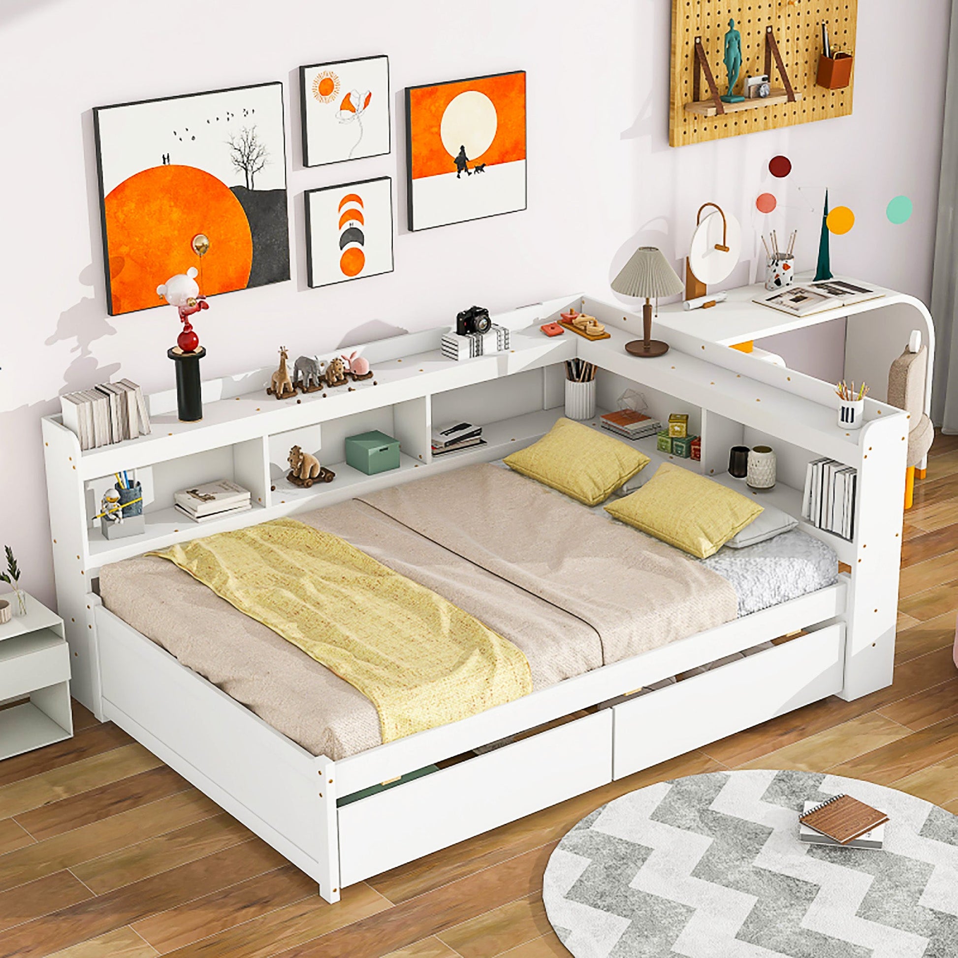 Full Bed With White L Shaped Bookcases Drawers F409 - Lusy Store