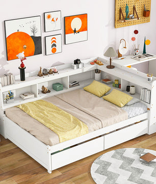 Full Bed With White L Shaped Bookcases Drawers F409 - Lusy Store