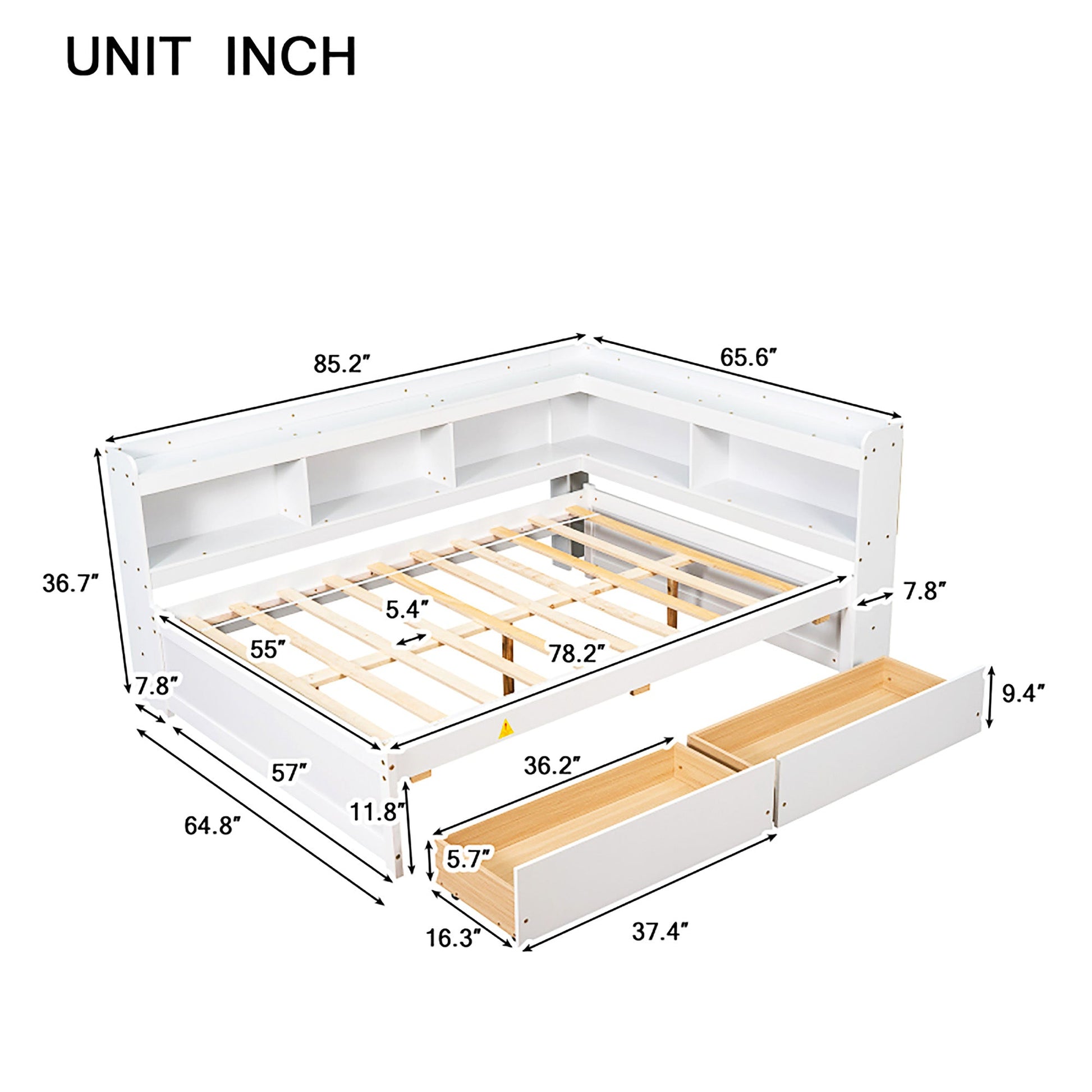 Full Bed With White L Shaped Bookcases Drawers F409 - Lusy Store