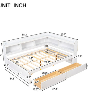 Full Bed With White L Shaped Bookcases Drawers F409 - Lusy Store