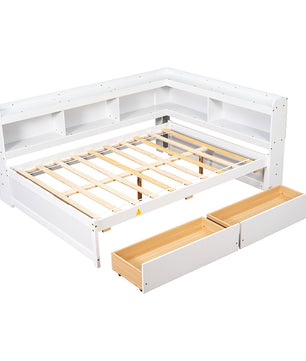Full Bed With White L Shaped Bookcases Drawers F409 - Lusy Store