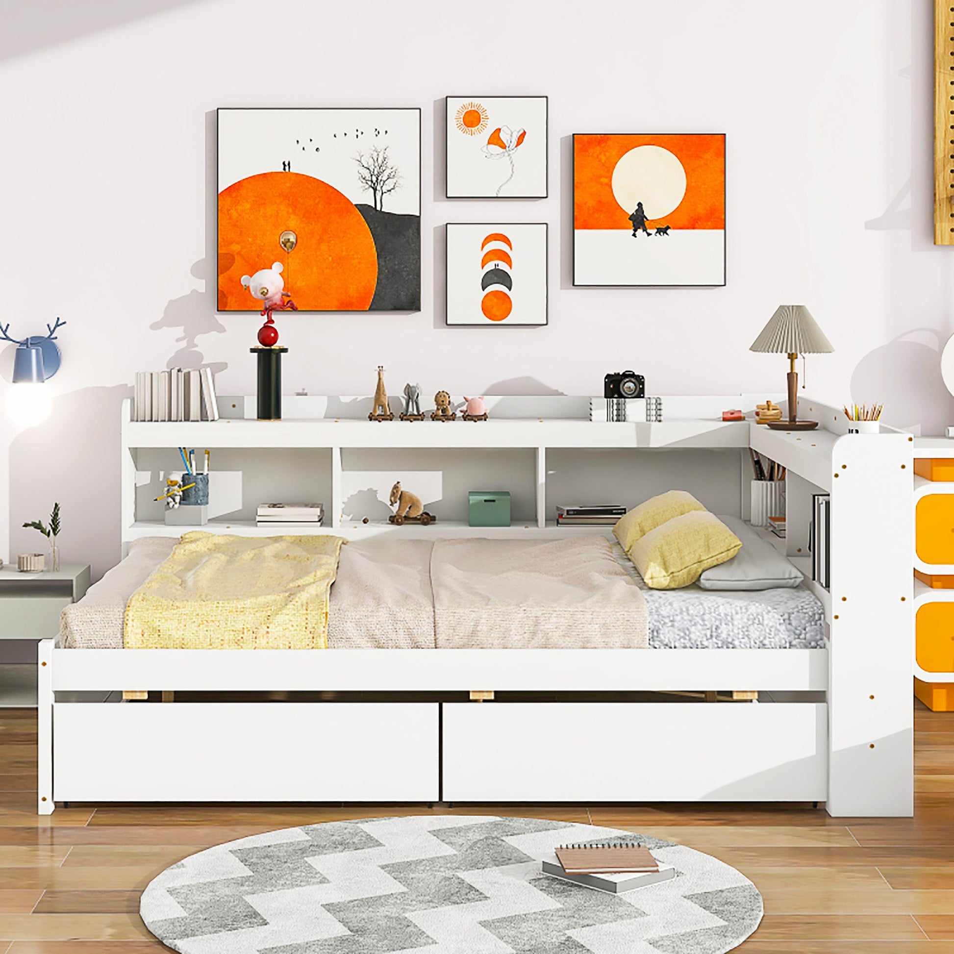 Full Bed With White L Shaped Bookcases Drawers F409 - Lusy Store