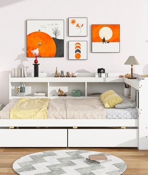 Full Bed With White L Shaped Bookcases Drawers F409 - Lusy Store