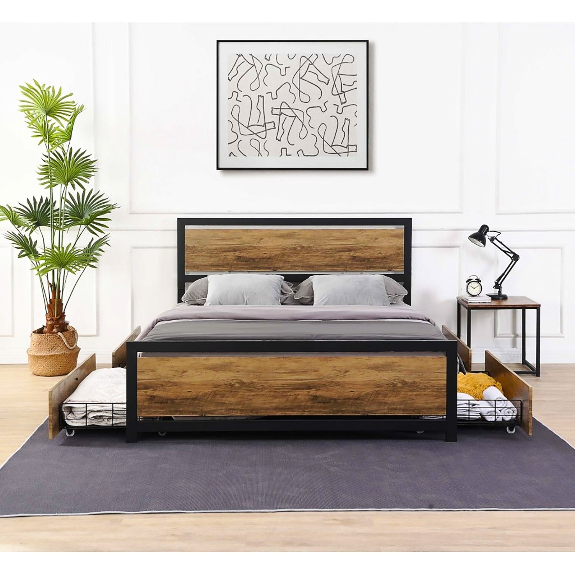 Full Bed Wood And Metal Bed Platform With Headboard No Box Spring Needed F397 - Lusy Store