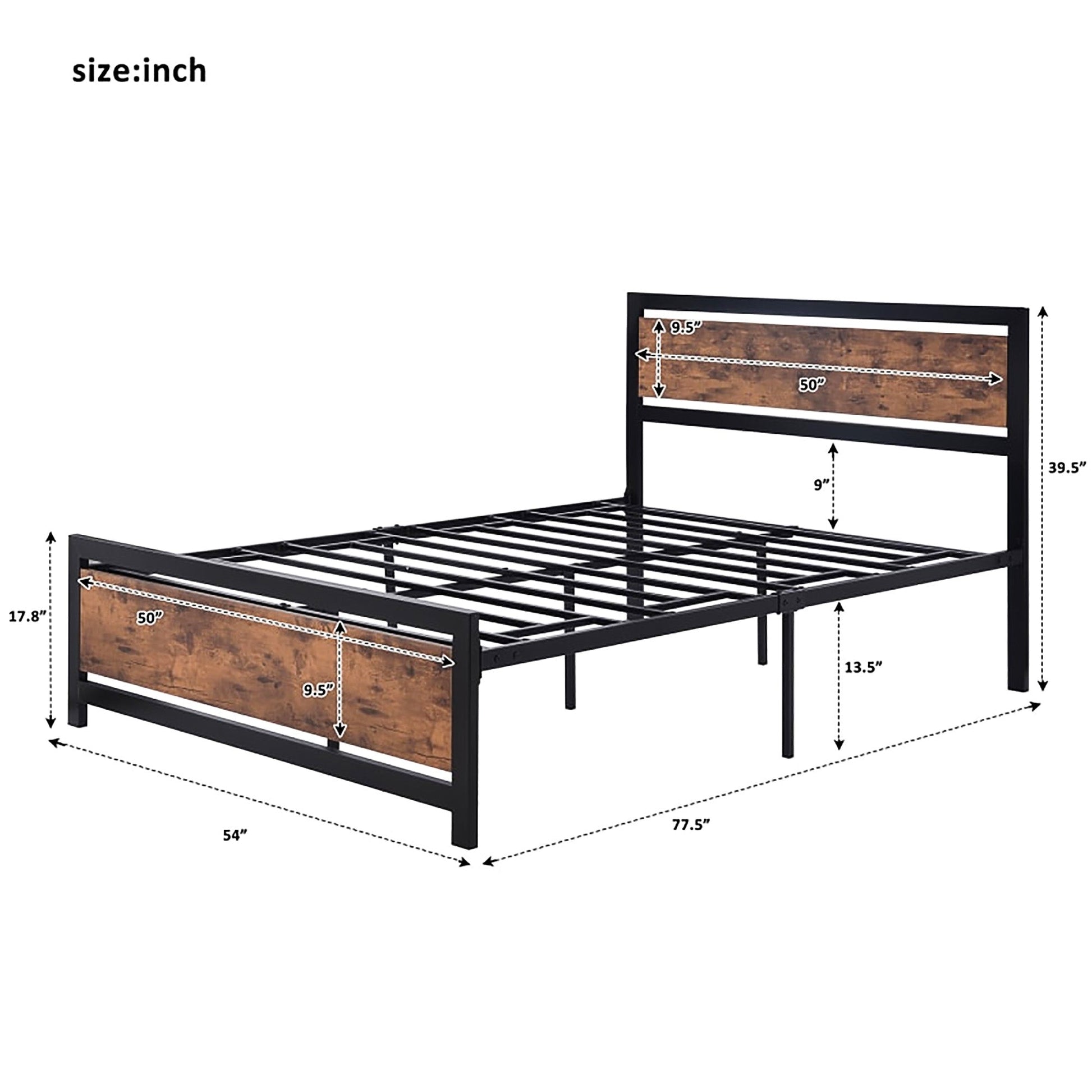 Full Bed Wood And Metal Bed Platform With Headboard No Box Spring Needed F397 - Lusy Store