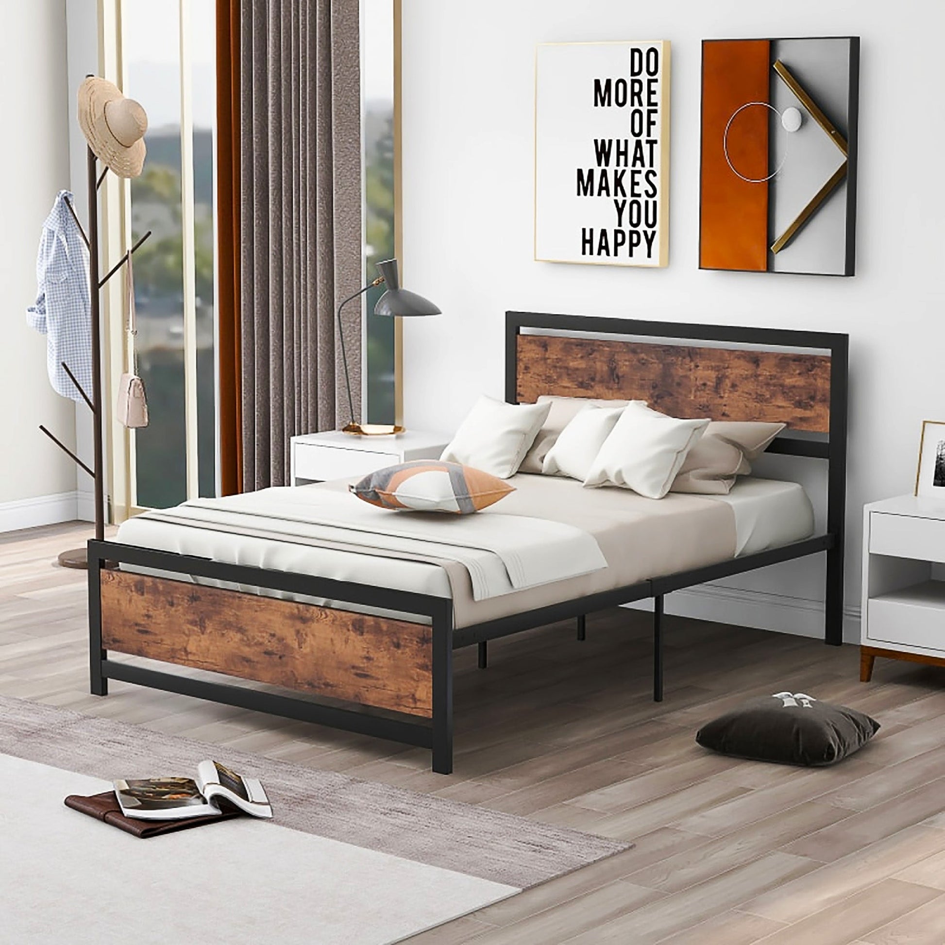 Full Bed Wood And Metal Bed Platform With Headboard No Box Spring Needed F397 - Lusy Store