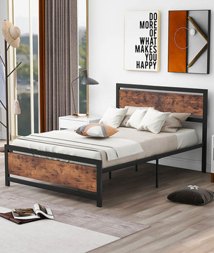 Full Bed Wood And Metal Bed Platform With Headboard No Box Spring Needed F397 - Lusy Store