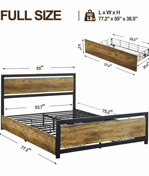 Full Bed Wood And Metal Bed Platform With Headboard No Box Spring Needed F397 - Lusy Store