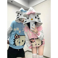 Hello Kitty Anime Sweet Sherpa Hooded Cartoon Cute Sweatshirt Zipper Jacket Couple Fleece Sweater - Lusy Store LLC