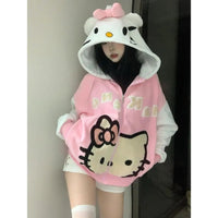 Hello Kitty Anime Sweet Sherpa Hooded Cartoon Cute Sweatshirt Zipper Jacket Couple Fleece Sweater - Lusy Store LLC