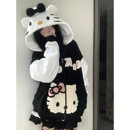 Hello Kitty Anime Sweet Sherpa Hooded Cartoon Cute Sweatshirt Zipper Jacket Couple Fleece Sweater - Lusy Store LLC