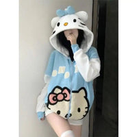 Hello Kitty Anime Sweet Sherpa Hooded Cartoon Cute Sweatshirt Zipper Jacket Couple Fleece Sweater - Lusy Store LLC