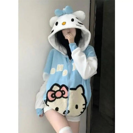 Hello Kitty Anime Sweet Sherpa Hooded Cartoon Cute Sweatshirt Zipper Jacket Couple Fleece Sweater - Lusy Store LLC