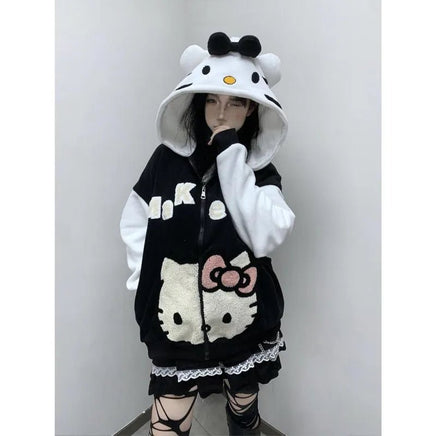 Hello Kitty Anime Sweet Sherpa Hooded Cartoon Cute Sweatshirt Zipper Jacket Couple Fleece Sweater - Lusy Store LLC