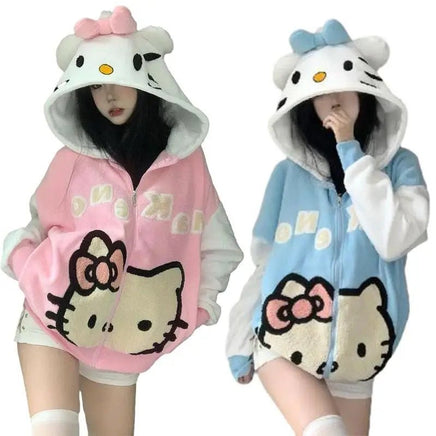 Hello Kitty Anime Sweet Sherpa Hooded Cartoon Cute Sweatshirt Zipper Jacket Couple Fleece Sweater - Lusy Store LLC