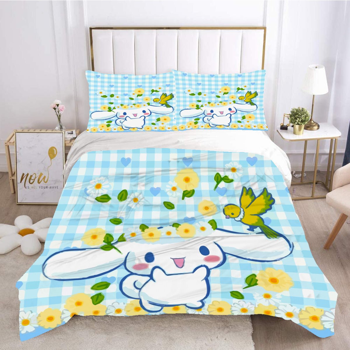 Hello Kitty Bed Set Cinnamoroll Sanrio Cute Bed Sheets Cartoon Bed Cotton Comforters Stripe Blue Duvet Cover LS22813 - Lusy Store