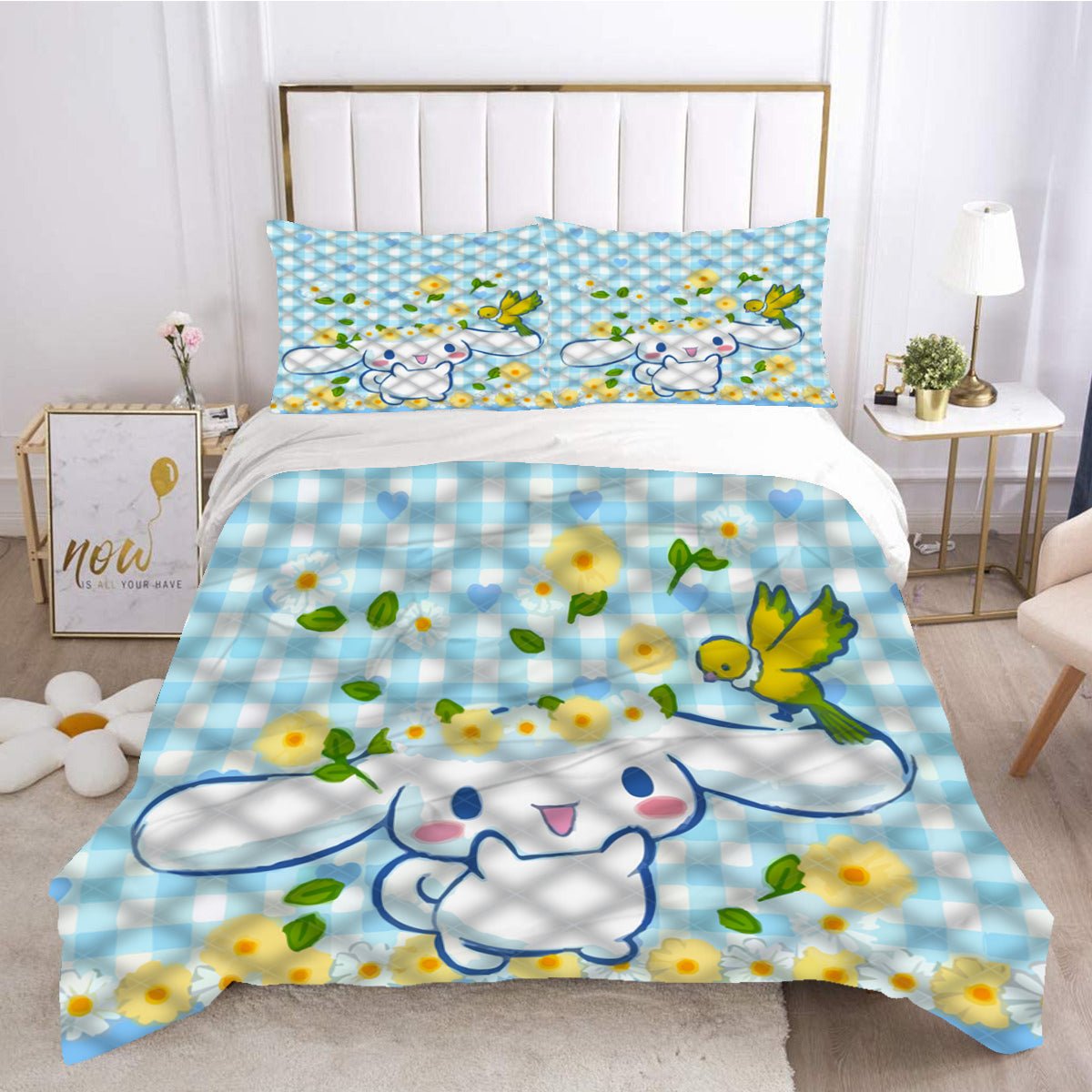 Hello Kitty Bed Set Cinnamoroll Sanrio Cute Bed Sheets Cartoon Bed Cotton Comforters Stripe Blue Duvet Cover LS22813 - Lusy Store