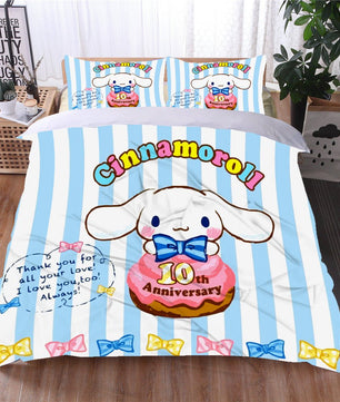 Hello Kitty Bed Set Cinnamoroll Sanrio Cute Bed Sheets Cartoon Bed Cotton Comforters Stripe Duvet Cover LS22816 - Lusy Store