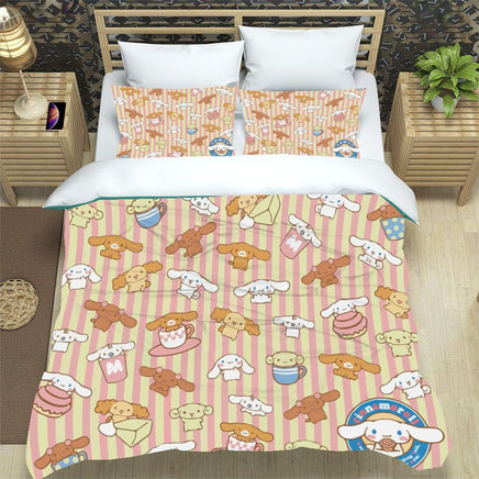 Hello Kitty Bed Set Cinnamoroll Sanrio Cute Bed Sheets Cartoon Bed Cotton Comforters Stripe Duvet Cover LS22817 4 Pieces Bedding Sets