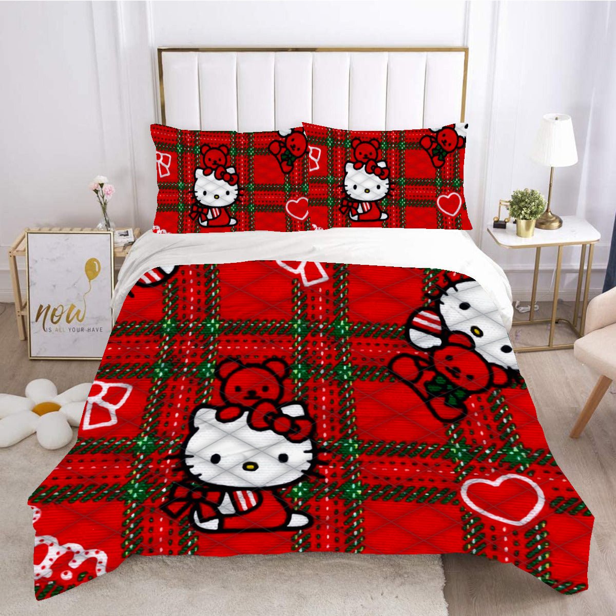 Hello Kitty Bed Set Hello Kitty And Friends Cute Bedding Set Cartoon Bed Cotton Comforters Red Duvet Covers LS22837 - Lusy Store