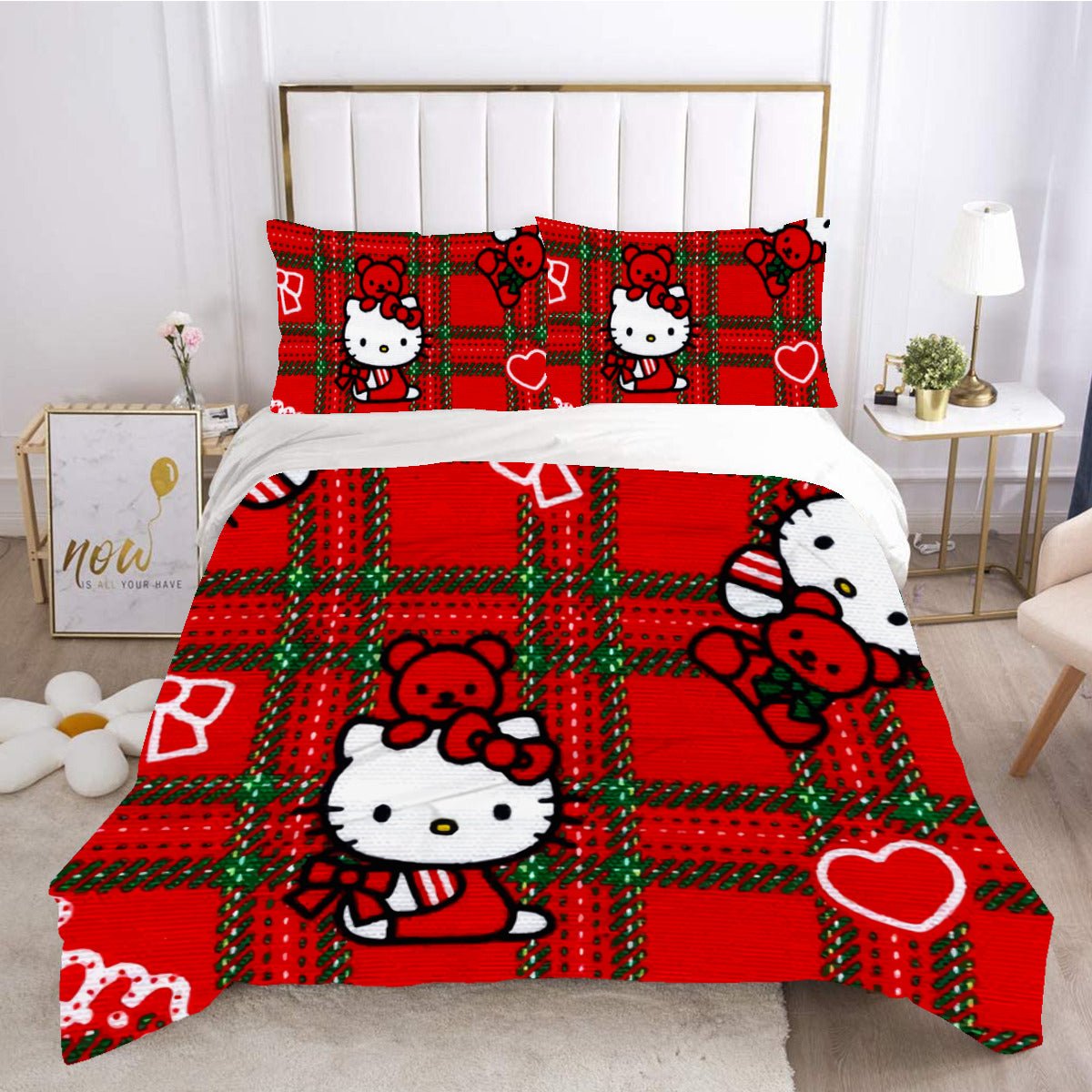 Hello Kitty Bed Set Hello Kitty And Friends Cute Bedding Set Cartoon Bed Cotton Comforters Red Duvet Covers LS22837 - Lusy Store