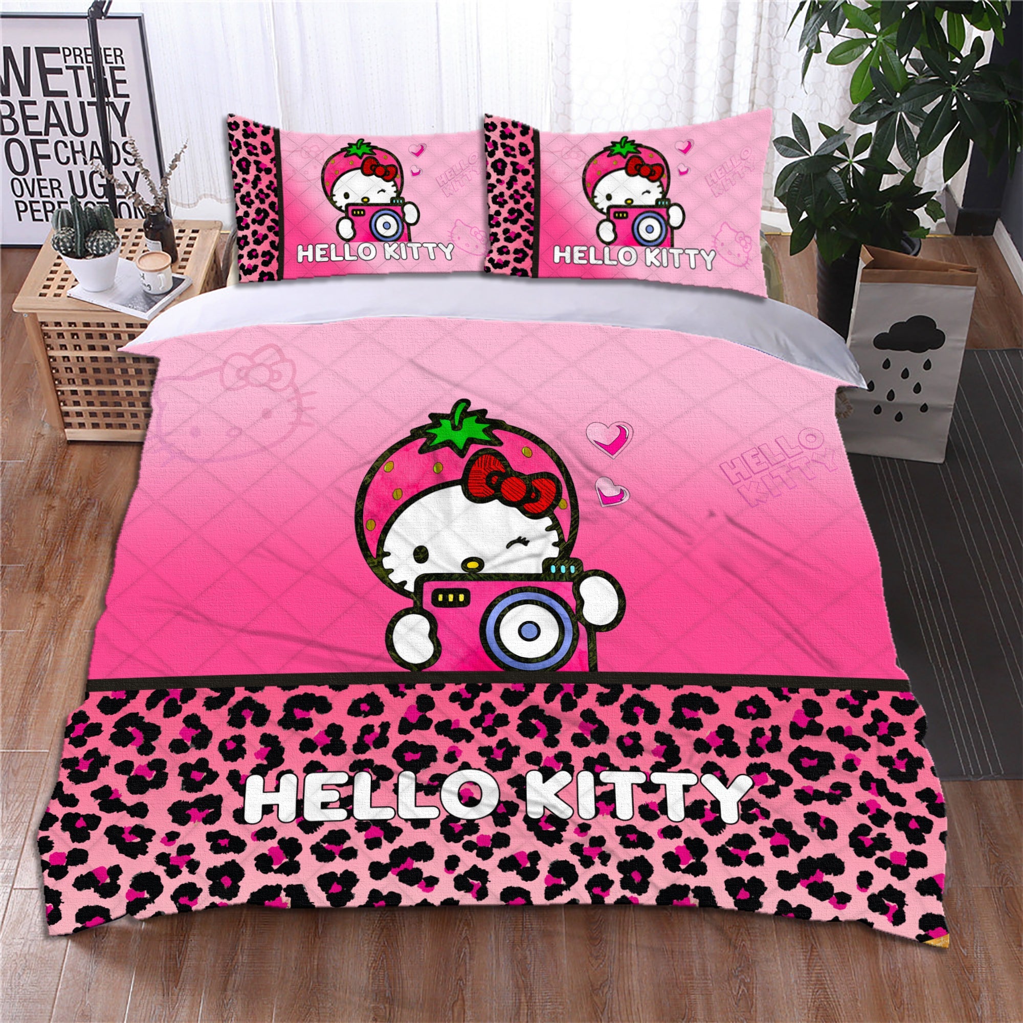 Louis Vuitton Rose Hello Kitty Pattern Bedding Set - Binteez