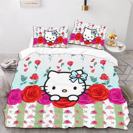 Hello Kitty Bedding Duvet Cover Quilted Pillowcase Orange Pink Purple White Bedspread - Lusy Store LLC