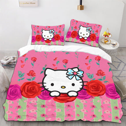 Hello Kitty Bedding Duvet Cover Quilted Pillowcase Orange Pink Purple White Bedspread - Lusy Store LLC