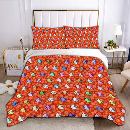 Hello Kitty Bedding Duvet Cover Quilted Pillowcase Orange Pink Red White Bedspread - Lusy Store LLC